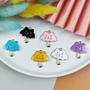 Metal Enamel Cat Umbrella Charms Cartoon Animal Pendants For DIY Jewelry Making Bracelet Necklace Accessories