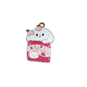 Cute enamel puppy dog charm with pink snack bag design for DIY jewelry making and earrings