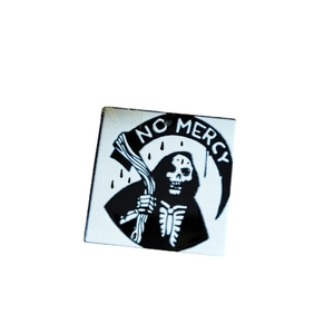 Acrylic square pendant featuring a Grim Reaper with No Mercy text in black and white
