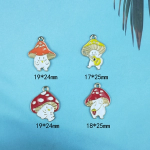 Set of four cute colorful mushroom pendants with musical guitar and strawberry charms