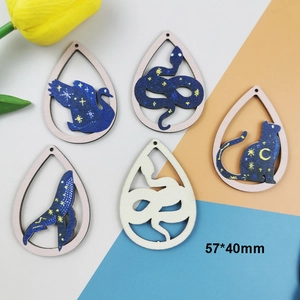 Starry sky pattern teardrop wooden charms with animal silhouettes for DIY jewelry making
