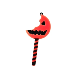 Halloween pumpkin lollipop acrylic charm with spooky face and striped pole for DIY jewelry