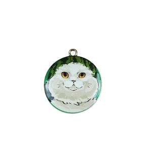 Ciondolo tondo in lega con gatto bianco a pelo lungo e illustrazione di foglie verdi