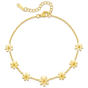 Gold stainless steel daisy chain bracelet with seven flower charms and lobster clasp