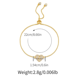 Detail of adjustable gold heart bracelet showing measurements 22cm and 2.8g weight