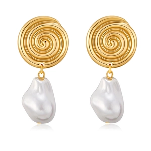 18K gold plated shell pearl earrings featuring vintage geometric swirl design on white background