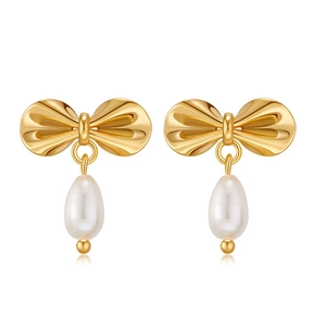 Elegant gold bow earrings with natural teardrop freshwater pearls on a white background
