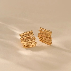 Unique layered vintage gold earrings with textured irregular metal bars for women