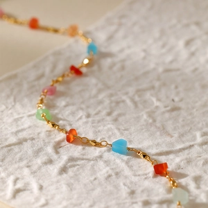 Ethnic style necklace with colorful crystal beads and gold plated wire wrap chain