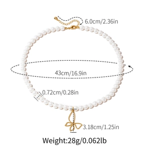 Maattabel voor de parelketting met vlinderhanger die de exacte afmetingen weergeeft
