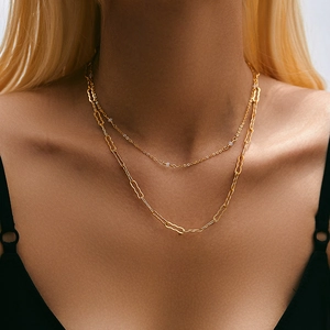 Close-up of elegant double-layered 18K gold plated necklace with small white beads