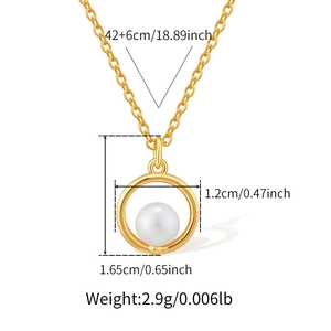 Gold stainless steel O-chain necklace with a round pearl pendant and size annotations