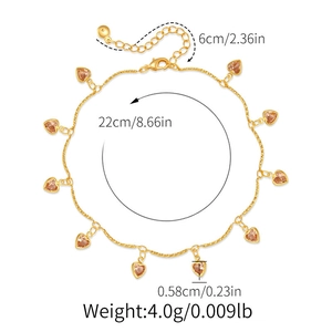 Dimensions détaillées d'une chevillère dorée avec breloques cœurs roses et fermoir mousqueton