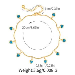 Spécifications de taille pour la chevillère dorée avec pendentifs en cœur bleu