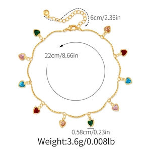 Dessin technique détaillé d'une chevillère cœurs colorés avec circonférence 22cm et poids 3,6g