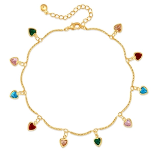 Bracelet de cheville doré avec pendentifs cœur en zircone colorée et fermoir