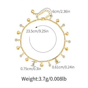 Detailed size chart for 18K gold plated beach anklet with crystal tassels and lobster clasp