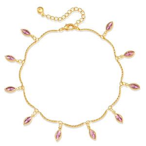 Bohemian gold ankle bracelet with pink marquise zircon charms and adjustable clasp