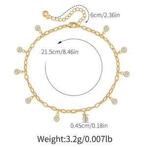 Detailed dimension guide for 18K gold plated anklet with crystal charms and size specs