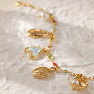Bohemian gold plated seashell and pearl anklet with colorful stones for summer beach wear