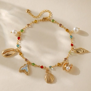 18K Gold Plated Copper Ocean Theme Anklet With Shell Conch Fish Tail Artificial Pearl Colorful Zirconia Bohemian Beach Jewelry For Women