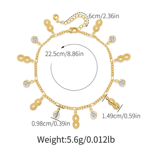Detail of 18K gold plated anklet with infinity symbols, clear rhinestones and dimensions