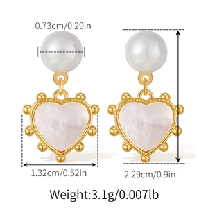 Detail view of heart-shaped pearl drop earrings with accurate size and weight dimensions