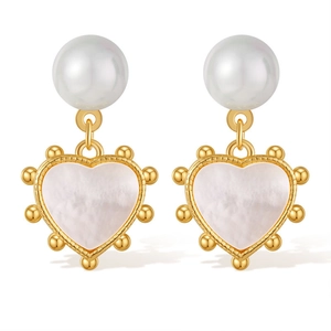 Vintage heart shaped mother of pearl drop earrings with golden pearls and elegant design