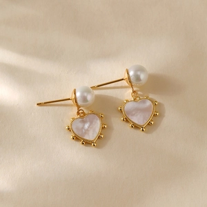 Vintage heart mother-of-pearl earrings with pearls and gold beaded edges