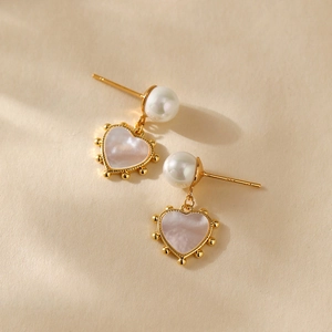 Elegant vintage gold heart drop earrings with white mother of pearl and pearl stud details
