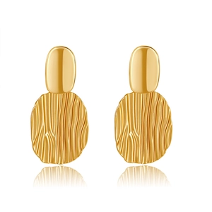 Elegant gold-plated geometric earrings with vintage wrinkled texture design on white backdrop