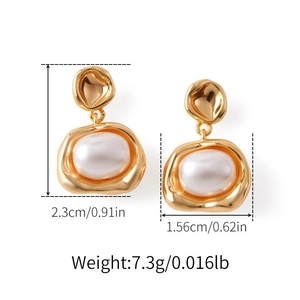 Detailed view of vintage pearl drop earrings with 18K gold plating and sizing marks