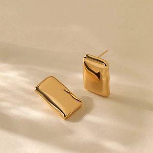 Modern 18K gold-plated irregular square stud earrings with high-polish mirror finish