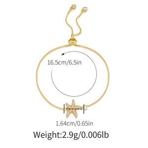 Detail of 18K gold plated starfish bolo bracelet showing dimensions and adjustable slider