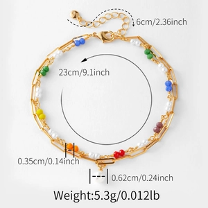 Cavigliera bohémien a doppio strato placcata oro 18K con perline colorate e perla