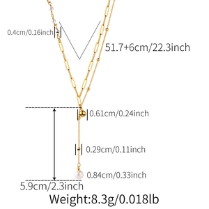 Detailed size specifications for a layered 18K gold plated pearl pendant necklace