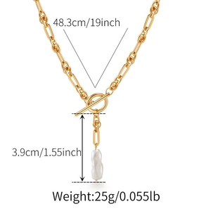 Detailed size specifications of 18K gold plated OT toggle pearl drop necklace