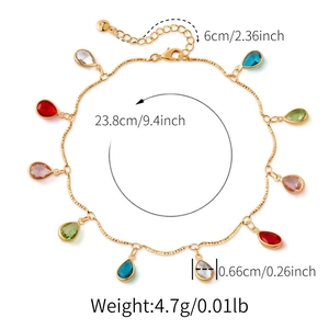 Gold-plated anklet with colorful teardrop zircon charms and size measurement details