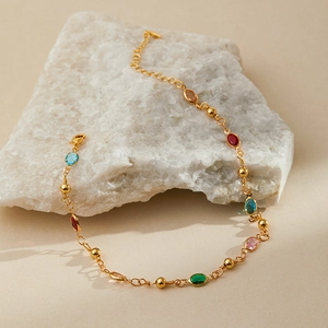 Bohemian 18K gold plated anklet featuring vibrant multicolored oval gemstones for women