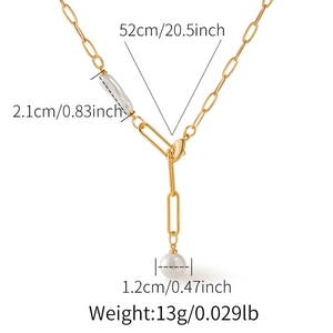Detailed dimensions of 18K gold plated necklace with teardrop and round pearl pendants
