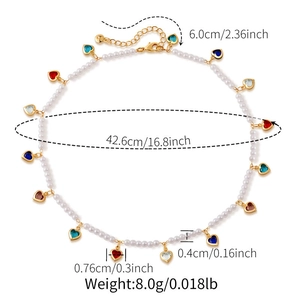 Detailed size specifications for heart charm beaded necklace with 42.6cm length and weight