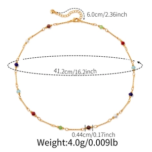 Gedetailleerd overzicht van kleurrijke glazen kralenketting met afmetingen en maten