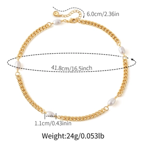 Detailed view of elegant pearl necklace with 18K gold chain and precise measurements