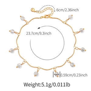 Macro detail of 18K gold plated anklet with colorful crystal beads and size measurements