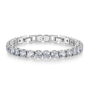 Close-up of sparkling tennis bracelet with round-cut cubic zirconia in four-prong setting