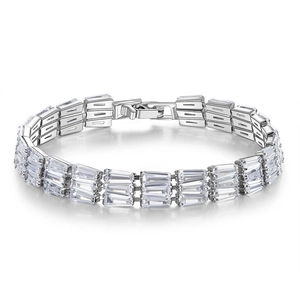 Detail of silver triple-row tennis bracelet with rectangular-cut sparkling zircons