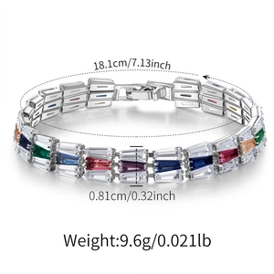 Detail view of multi-colored crystal bracelet showing silver finish and square cut stones