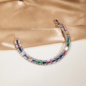 Macro view of multi-color rectangular gemstone bracelet with double-row crystals