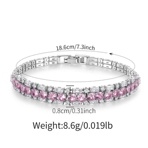 Detail view of silver floral bracelet with pink crystals and dimensions 18.6x0.8cm