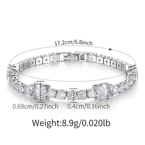 Detail view of silver tennis bracelet showing dimensions, cubic zirconia gems and 17.2cm length
